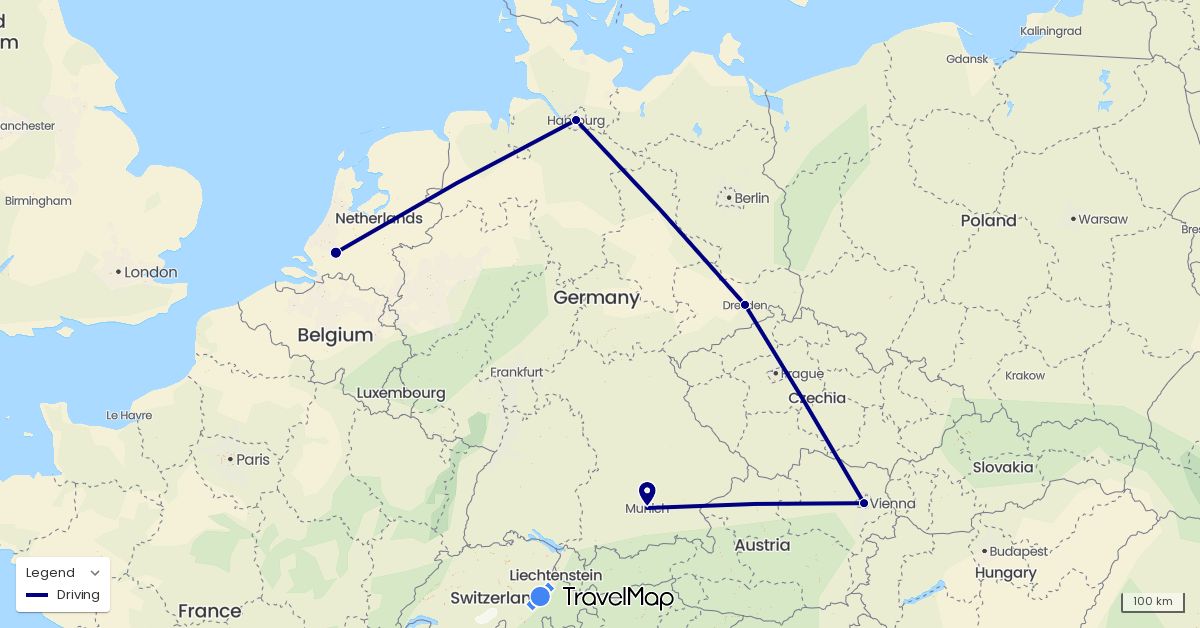 TravelMap itinerary: driving in Austria, Germany, Netherlands (Europe)